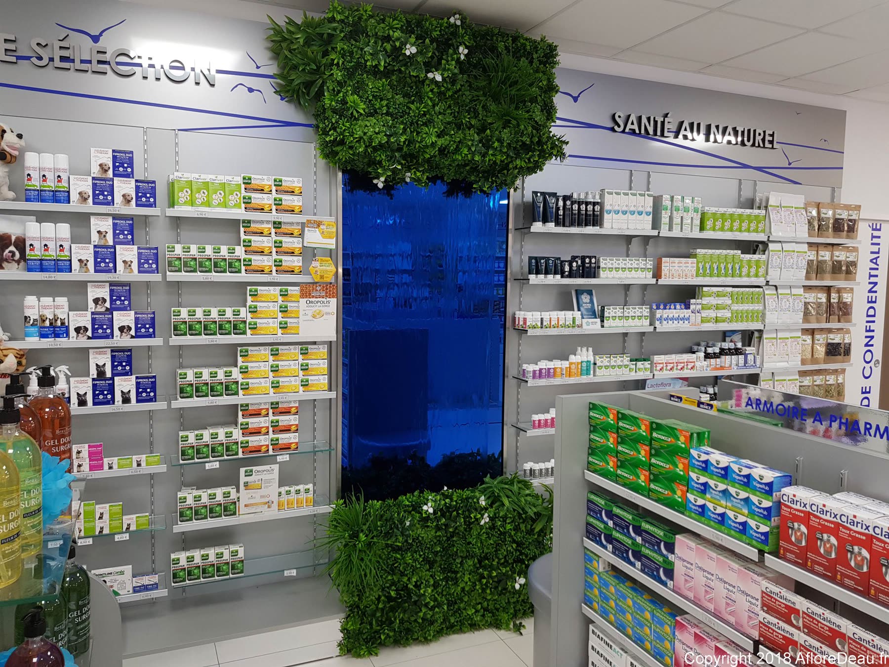 Mur d’eau vitré bleu encadré de deux murs végétaux, entre les rayonnages d’une pharmacie — Brest