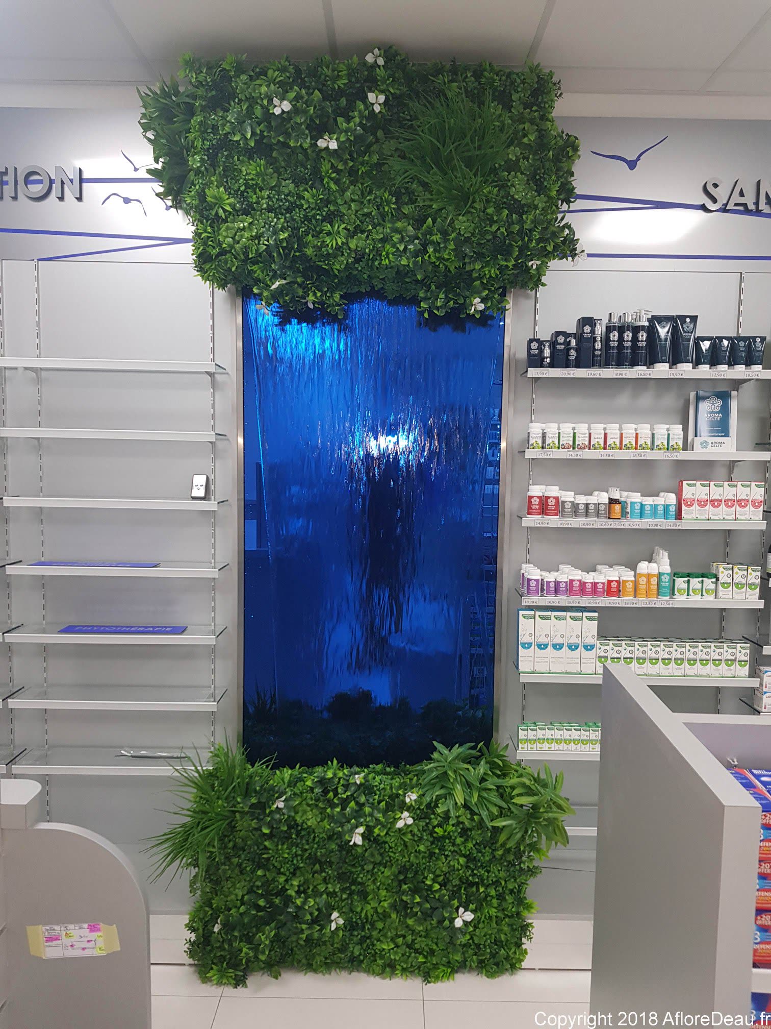 Le mur d’eau vu de face: le panneau vitré bleu ruisselant, le mur végétal au-dessus avec quelques fleurs blanches, le mur végétal en pied