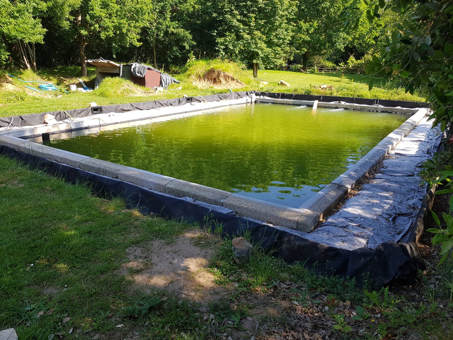 La baignade en eau fin mai, vue depuis l’autre rive: l’eau verte, la margelle de granit, la pelouse autour