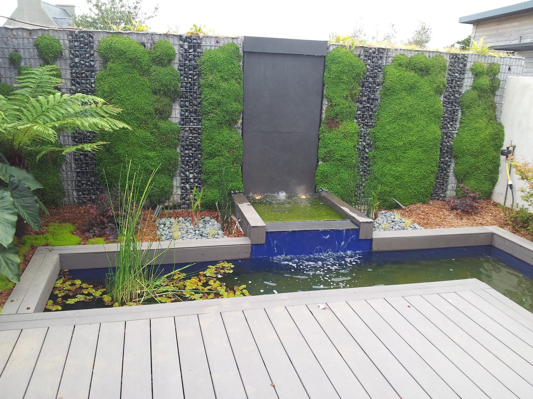 Le mur d’eau d’ardoise entre gabions et colonnes de mousse, au-dessus du bassin bleu du patio