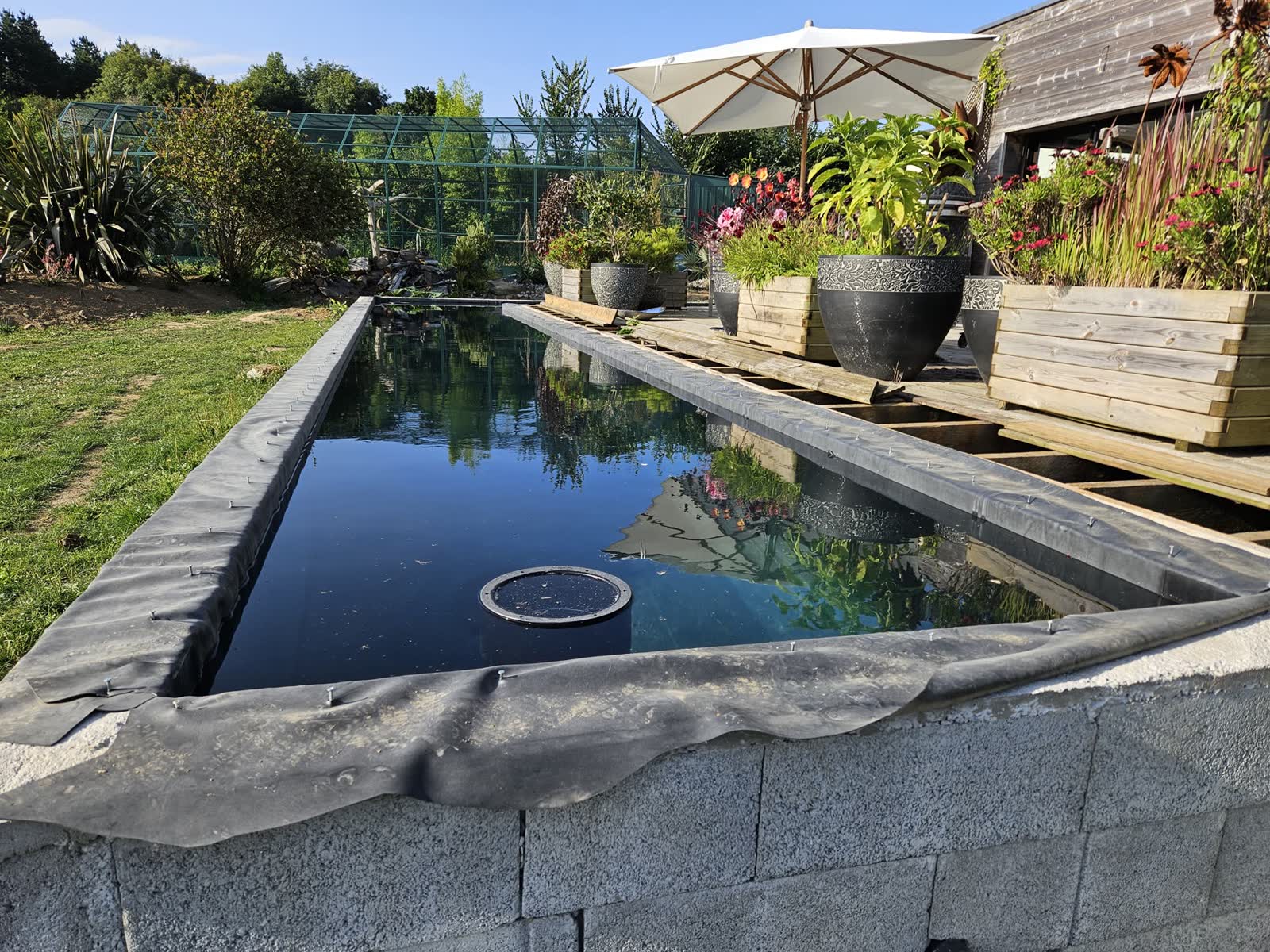 Le bassin en eau au soir, terrasse et parasol, reflet de la maison — juillet 2024