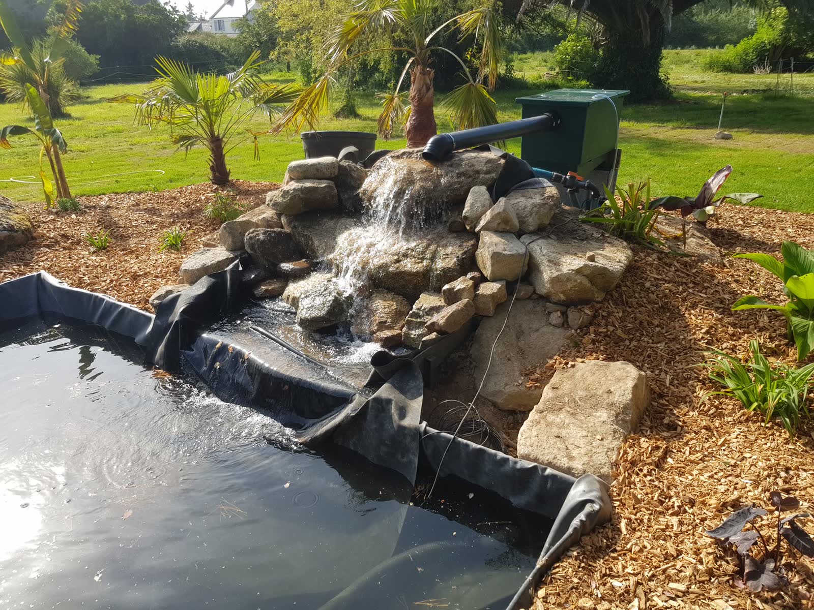 La cascade en essai: l’eau coule sur les rochers empilés, la membrane noire encore apparente au pied, les palmiers derrière