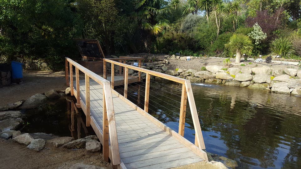La passerelle en bois au-dessus du bassin, lumière rasante